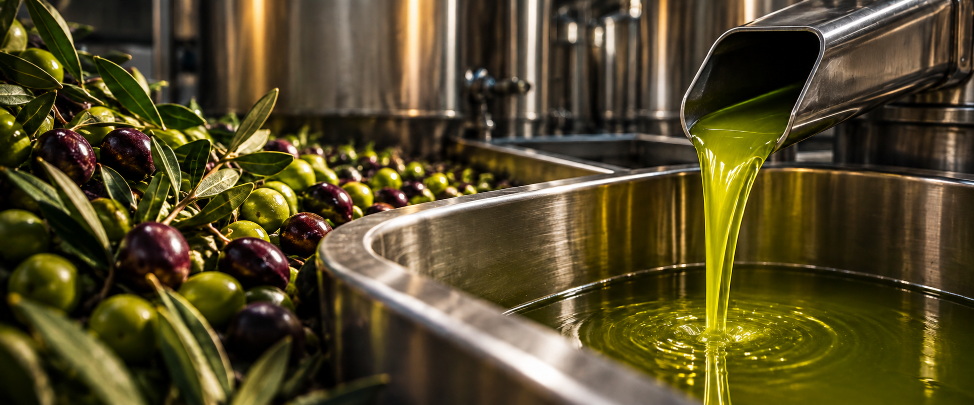 Aceitunas y aceite verde recién elaborado